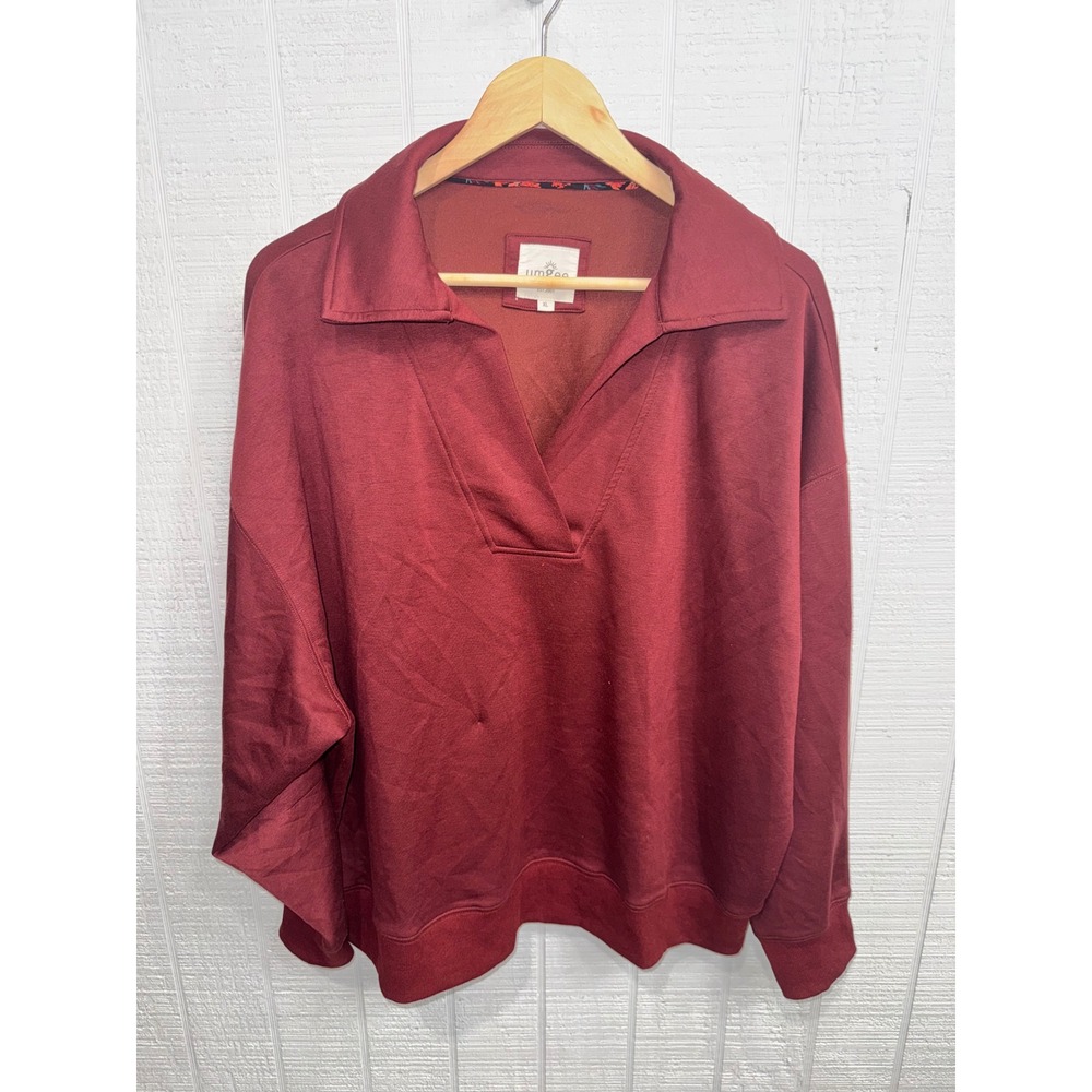 Umgee Pullover Sweatshirt Women Burgundy V-Neck Collared Drop Shoulder XL